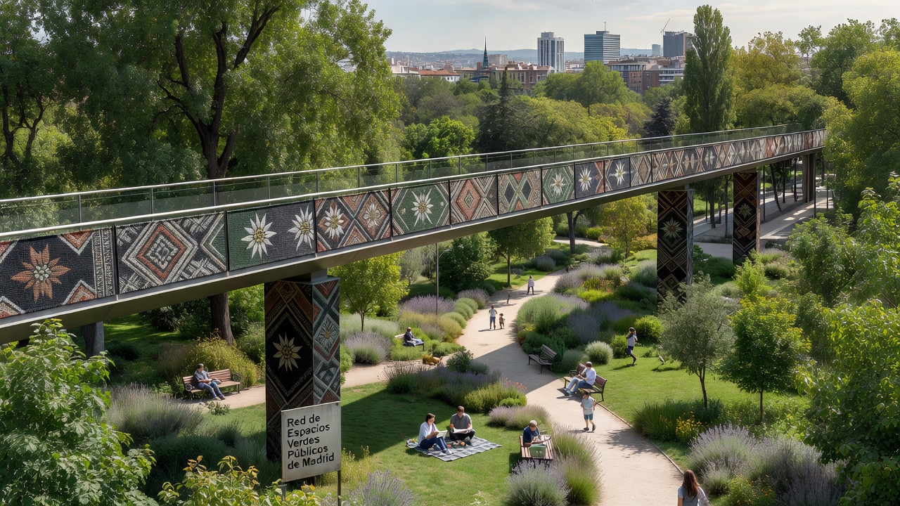 Madrid public park installation featuring Zelora alpine craft textiles in shade and seating applications